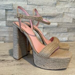 Antonio Melani Style Bungalow Jute Platform Block Heel Sandals Natural Tan NEW